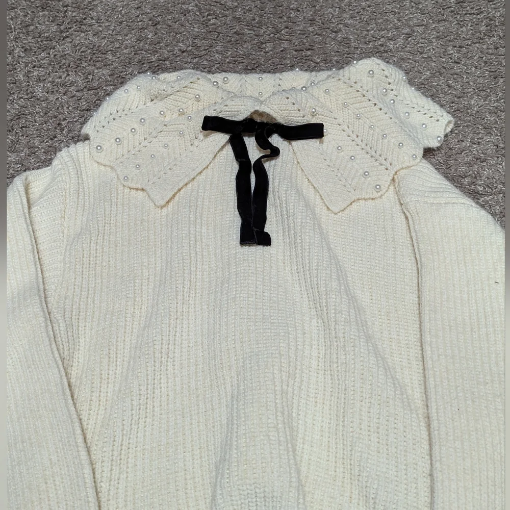 Zara Faux Pearl Sweater Big Collar Velvet Bow Top Cream Small - Picture 5 of 9